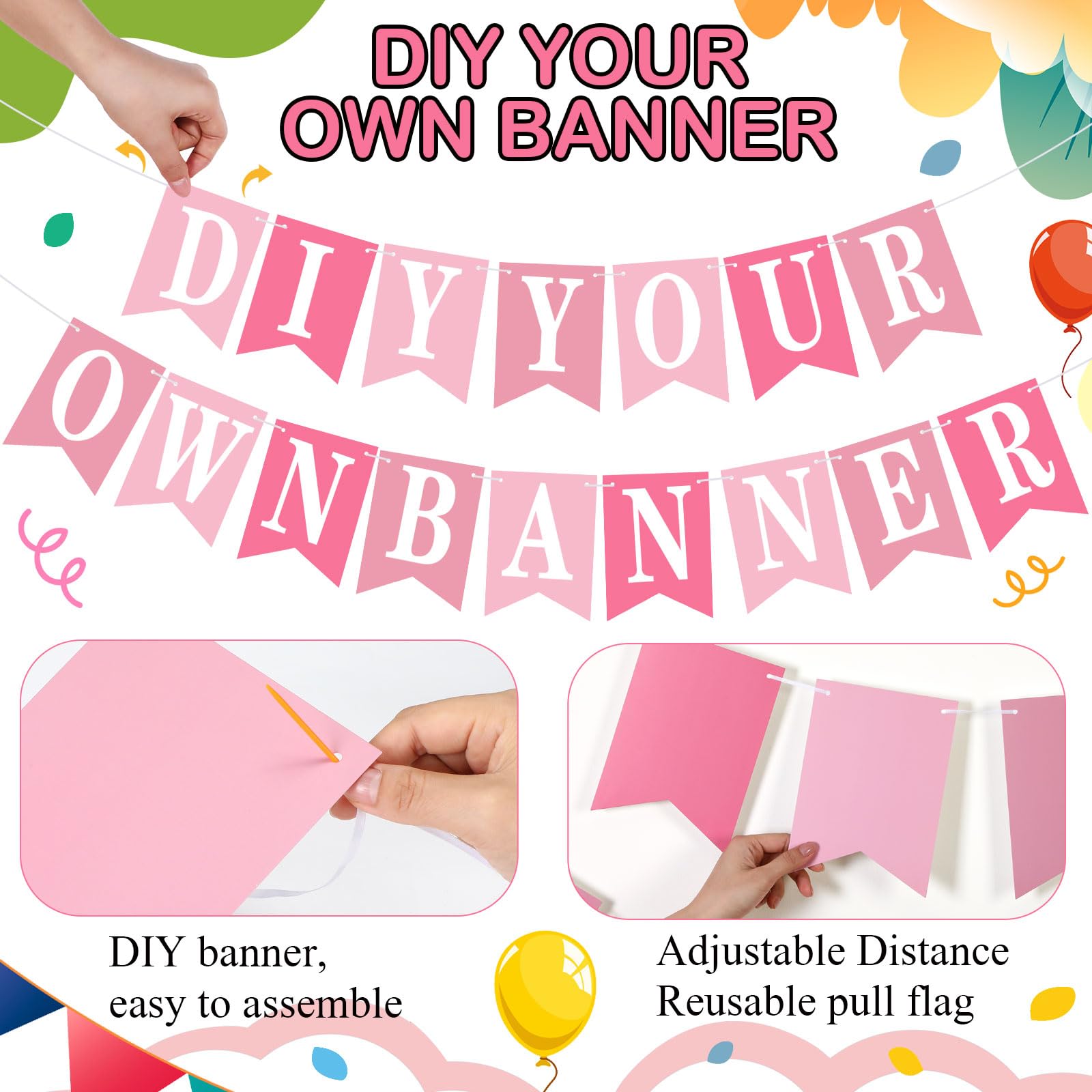 Mooliwe 171 Pcs DIY Custom Banner Kit Make Your Own Customizable Sign for Birthday Wedding Party Decoration Include 20 Paper Pennant 148 Letters and Numbers 1 Rope 2 Threading Device (Pink)