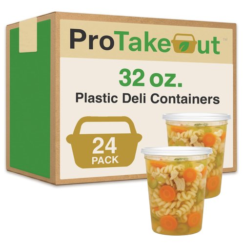 ProTakeOut 32oz [24 set] Heavy Duty Plastic Deli Container | BPA-Free Food Storage with Airtight Leak‑Proof Lids | Microwave, Freezer & Dishwasher Safe – Stackable, Bulk Reusable Soup & Meal Prep Tub