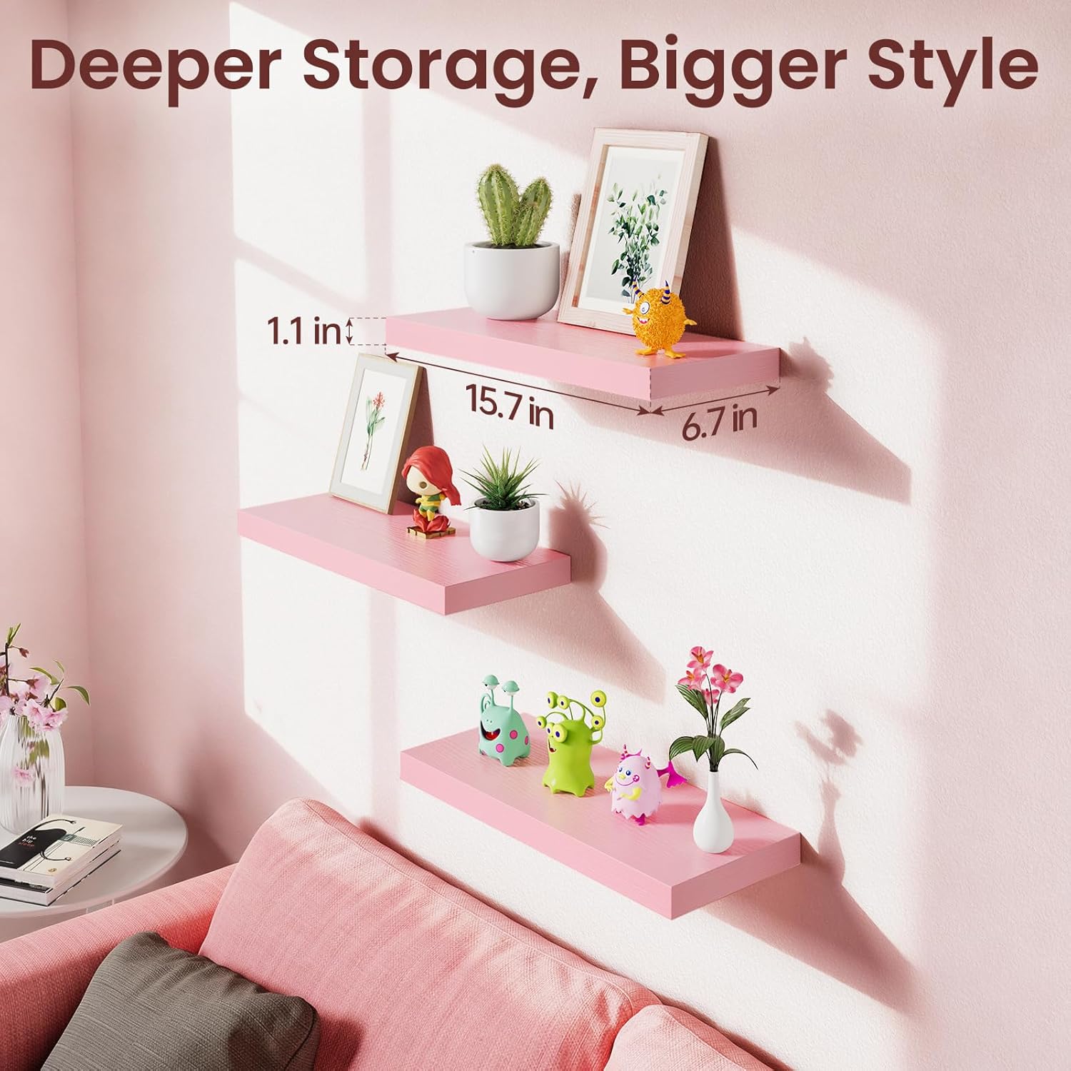 BAYKA Floating Wall Shelves - Set of 3 Pink Wood Shelves for Bathroom, Bedroom & Living Room | 15.7in, 22lbs Capacity