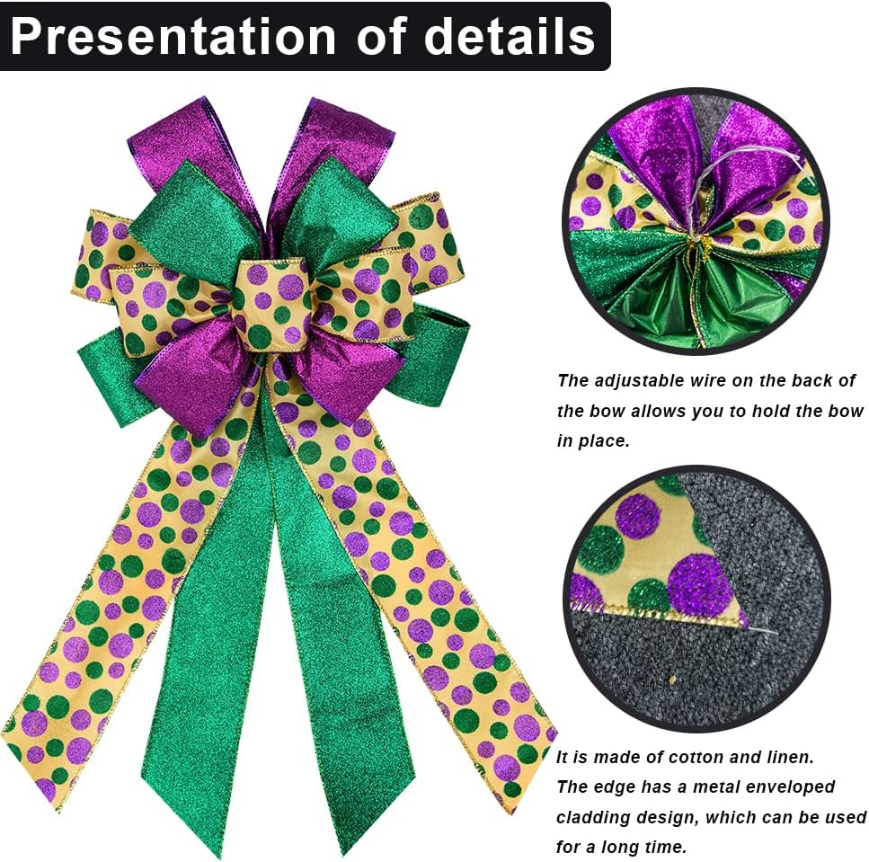 Purple Green Glitter Mardi Gras Wreath Bows by Mardi Gras - Large Decorative Bow for Indoor/Outdoor Decor