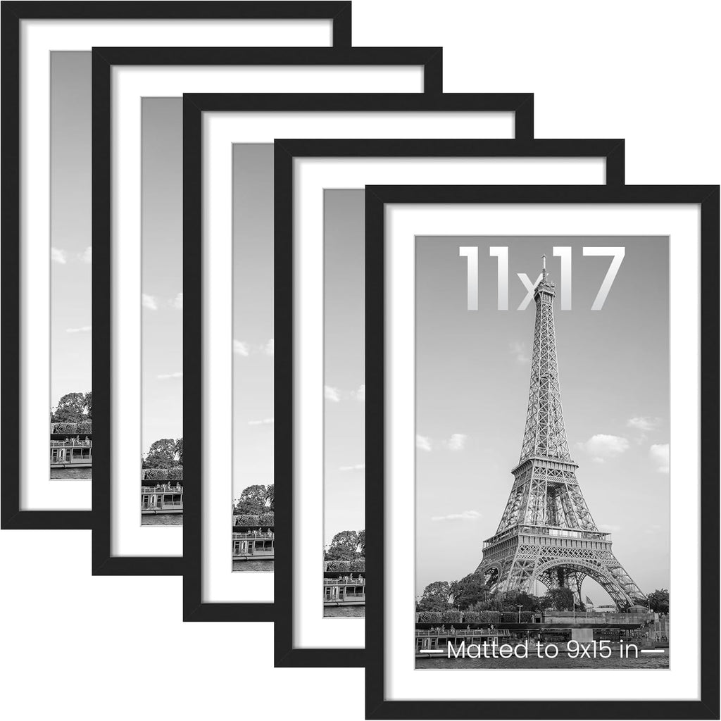 Upsimples 11x17 Picture Frame Set of 5 - Versatile Black Frames for 9x15 or 11x17 Photos | Wall Gallery Display