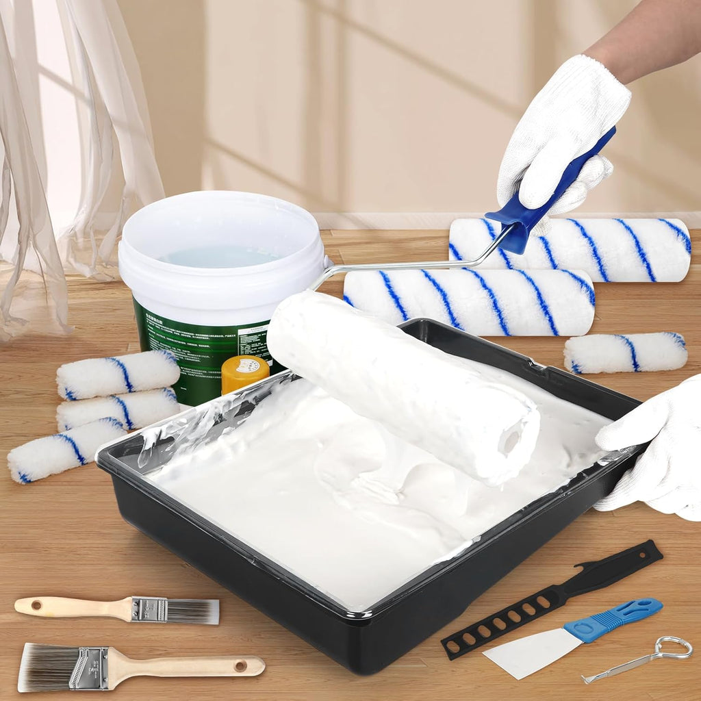 Skiennix Paint Roller Kit - 27 Piece Set with Extension Pole 2 to 4 Ft | Includes 4" & 9" Rollers & Brushes