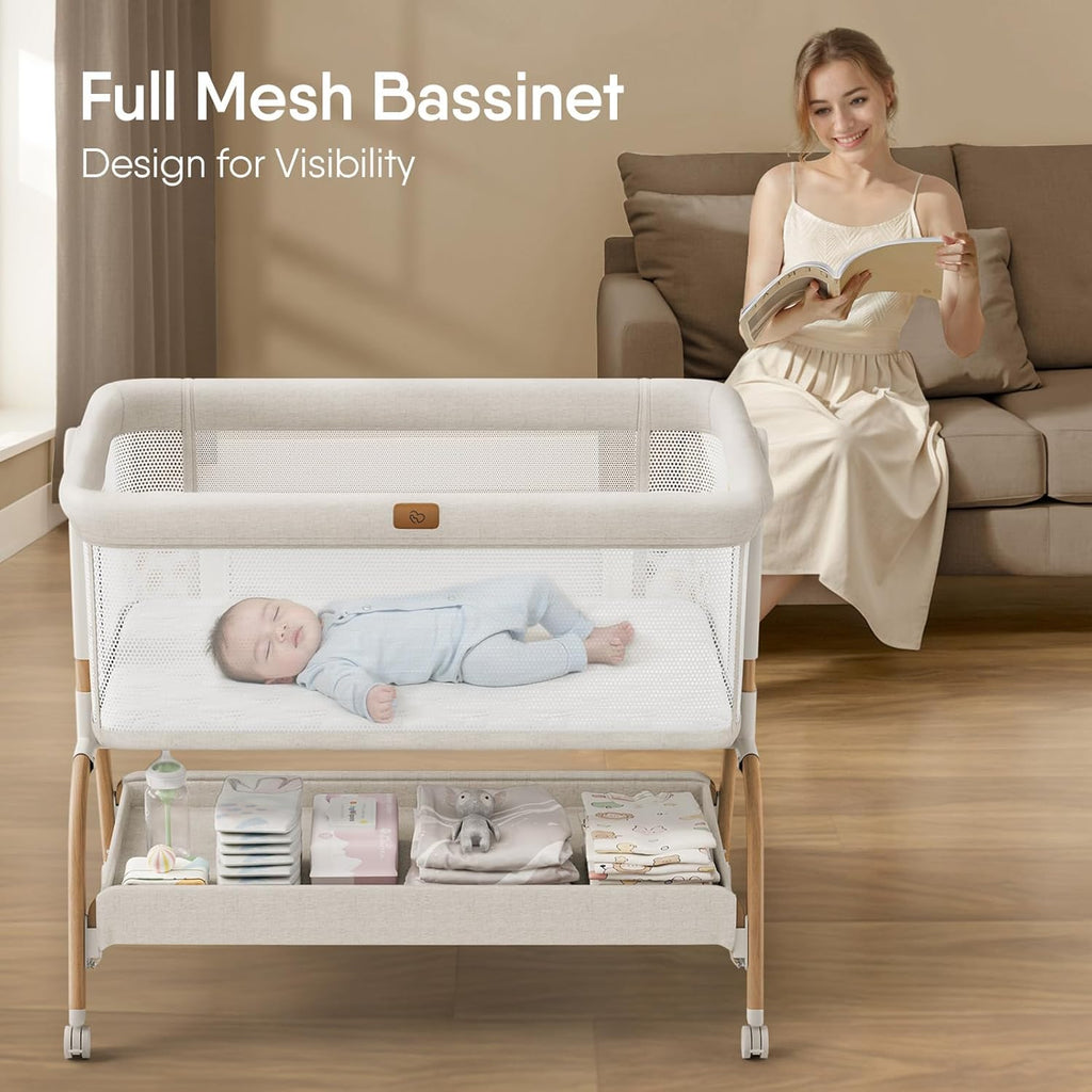 Skiennix Baby Bassinet - 3-in-1 Bedside Sleeper with Mattress & Breathable Sheet | Adjustable Height, Full-Mesh Sides