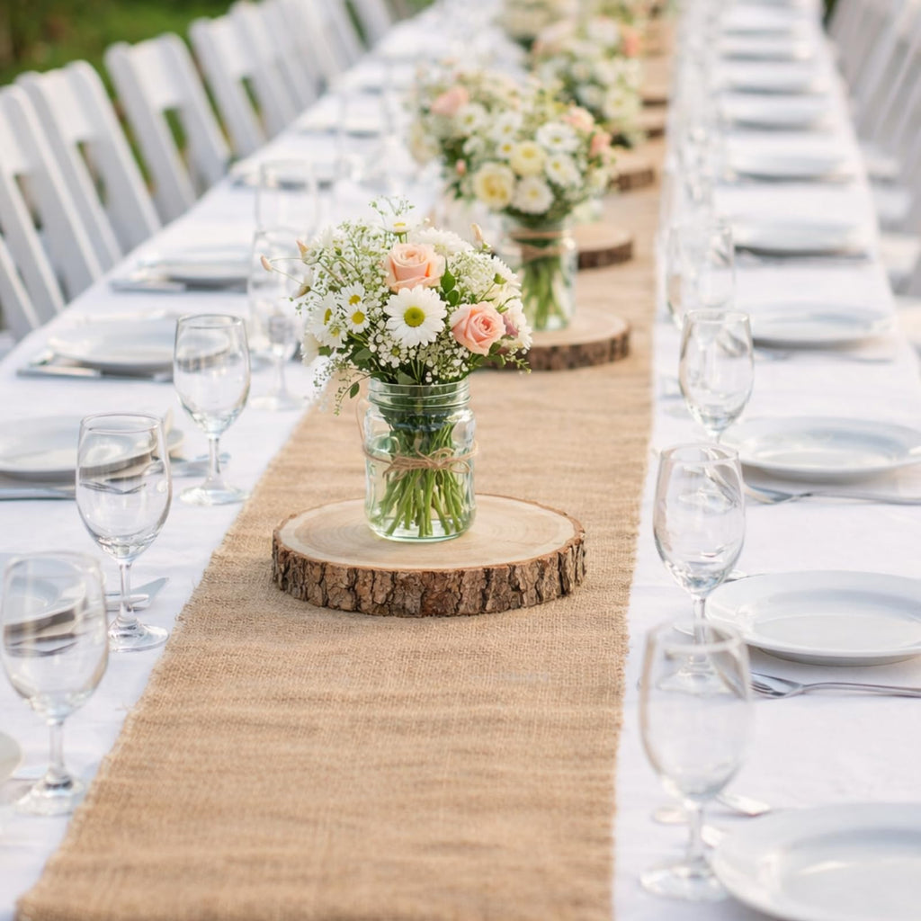 Tioncy Burlap Table Runner Kit Rustic Farmhouse Party, Natural Burlap Table Runner and Wood Centerpieces for Wedding,Christmas, Baby Shower,Birthday, Kitchen Coffee(100ft,12 Pcs)
