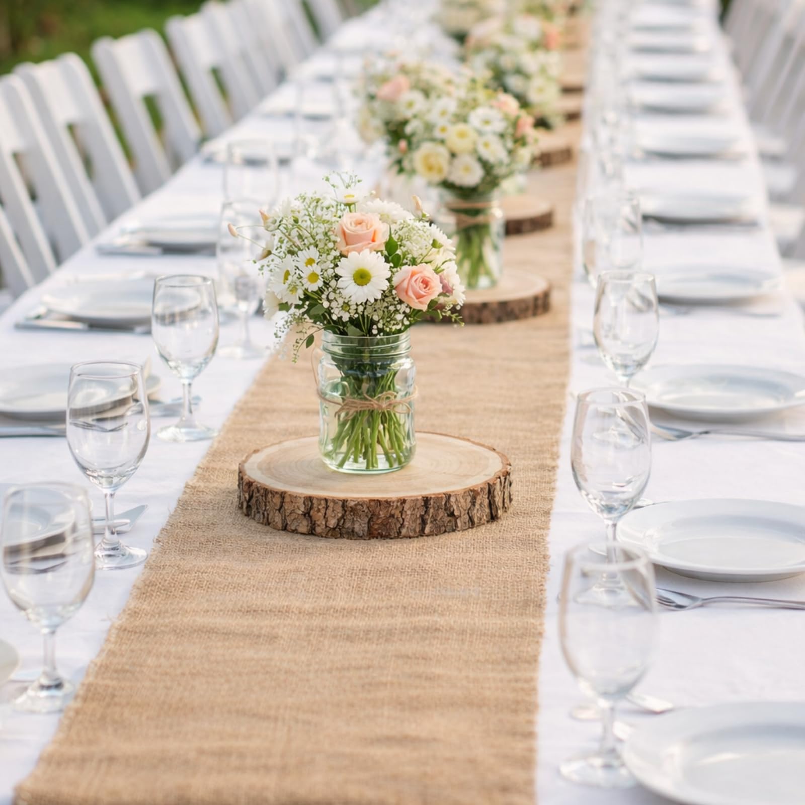 Tioncy Burlap Table Runner Kit Rustic Farmhouse Party, Natural Burlap Table Runner and Wood Centerpieces for Wedding,Christmas, Baby Shower,Birthday, Kitchen Coffee(100ft,12 Pcs)