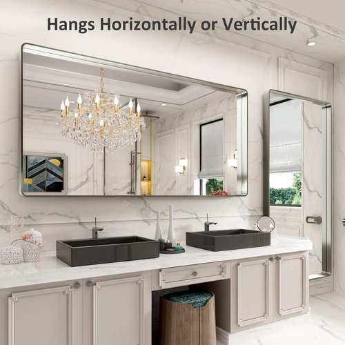 LOAAO Brushed Nickel Bathroom Mirror - 72x32 Inch Rounded Rectangle, Anti-Rust & Shatterproof Design