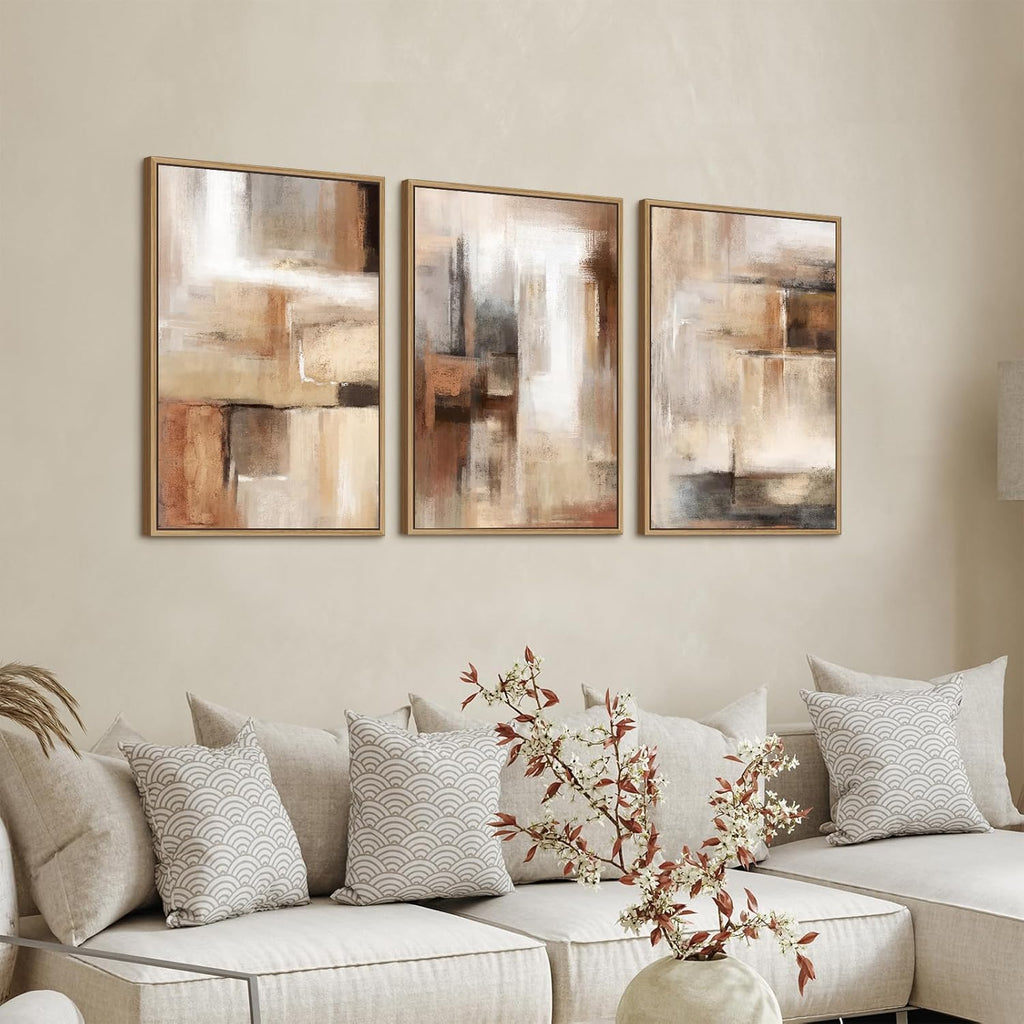 Skiennix Large Framed Canvas Wall Art - Brown Abstract Paintings for Living Room Decor | Set of 3 (48" x 24")