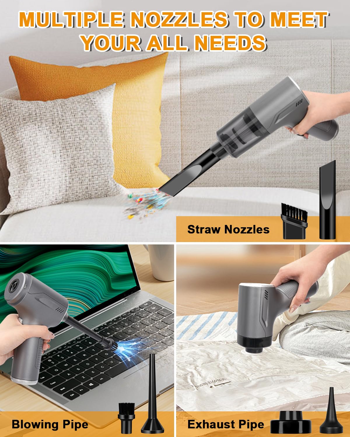 4 in 1 Handheld Vacuum Cordless, 20000PA High Power Car Hand Vacuum Cleaner, Mini Portable Brushless Motor Dust Busters Cordless Rechargeable with Multi Accessories for Home, Office, Pet (Black)