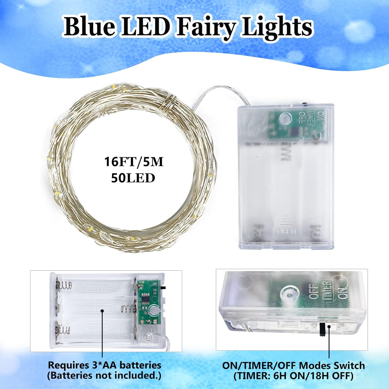 Skiennix 50 LED Christmas Fairy Lights - Battery Operated, Waterproof, 16FT | Blue String Lights for Indoor/Outdoor Decor