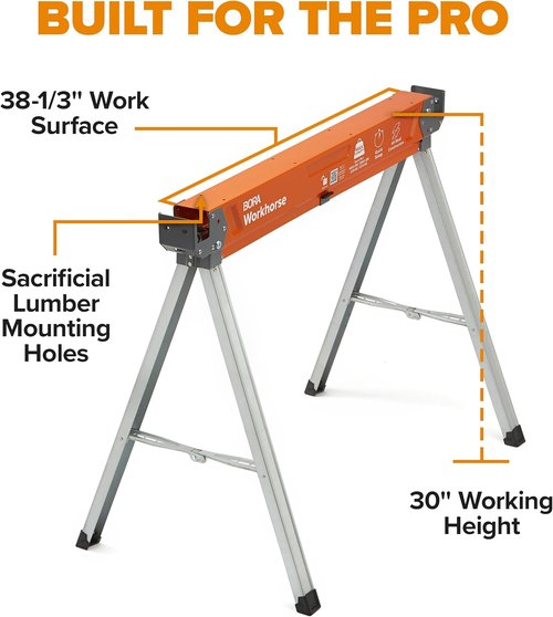 BORA Workhorse Saw Horses - Heavy Duty Folding Metal Sawhorses with 2x4 Bracket & Built-In Bottle Opener | 2-Pack