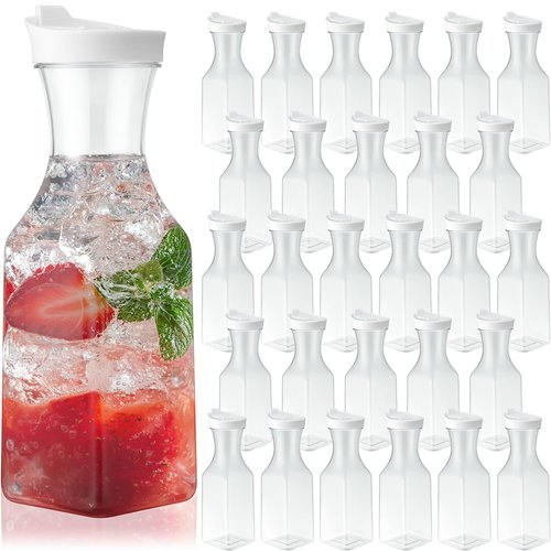 Reallnaive 30 Packs Plastic Carafe with Lids, 34 oz Clear Mimosa Juice Containers, Acrylic Beverage Carafe Pitcher Drink Containers for Fridge Outdoor Iced Tea Juice Party Mimosa Bar (Stylish)