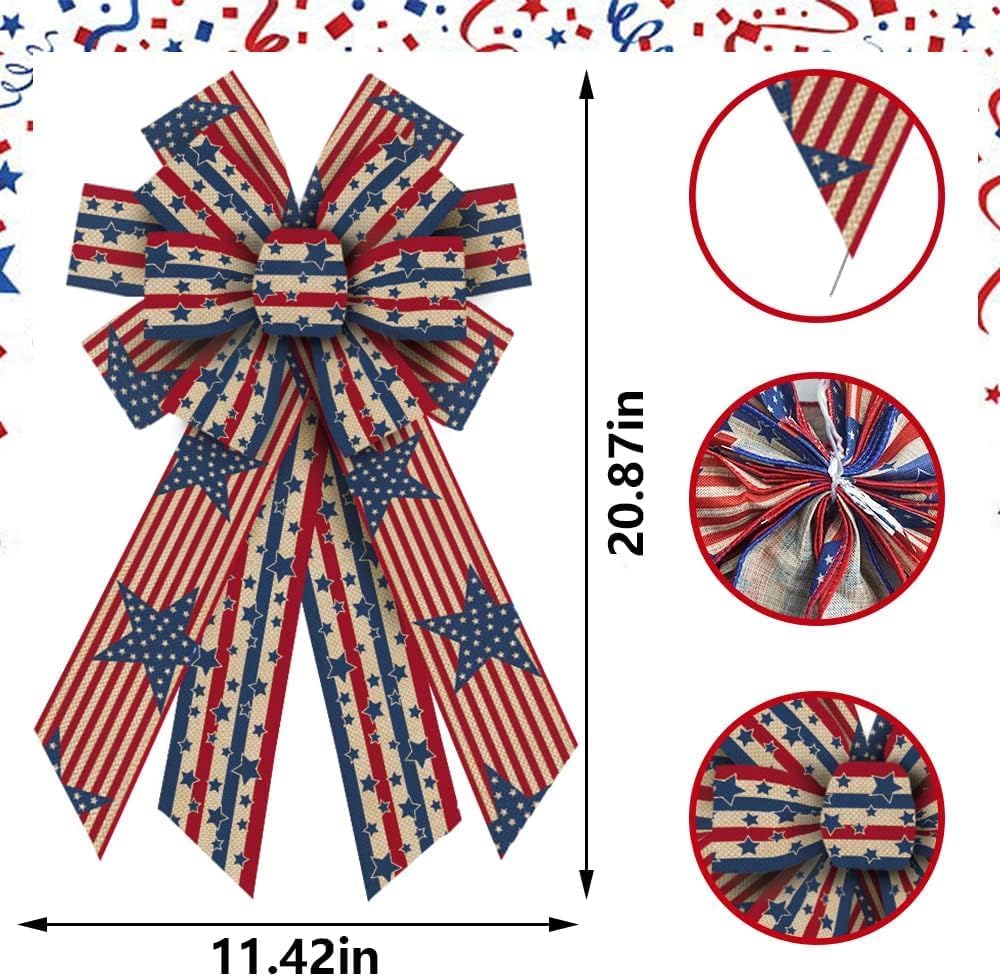 Patriotic Bows by [Brand Name] - Large 4th of July Wreath Bows with American Stars & Stripes for Front Door Decor
