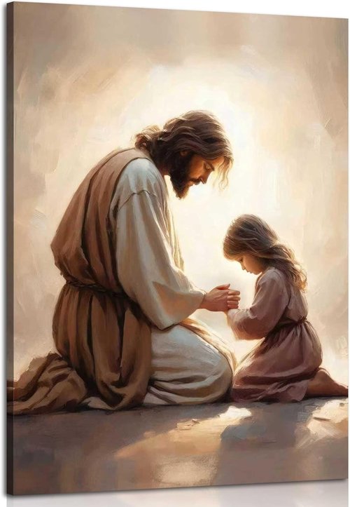 Jesus Praying with Girl Canvas Wall Art - Christian Spiritual Decor | Framed Bible Story Print for Home