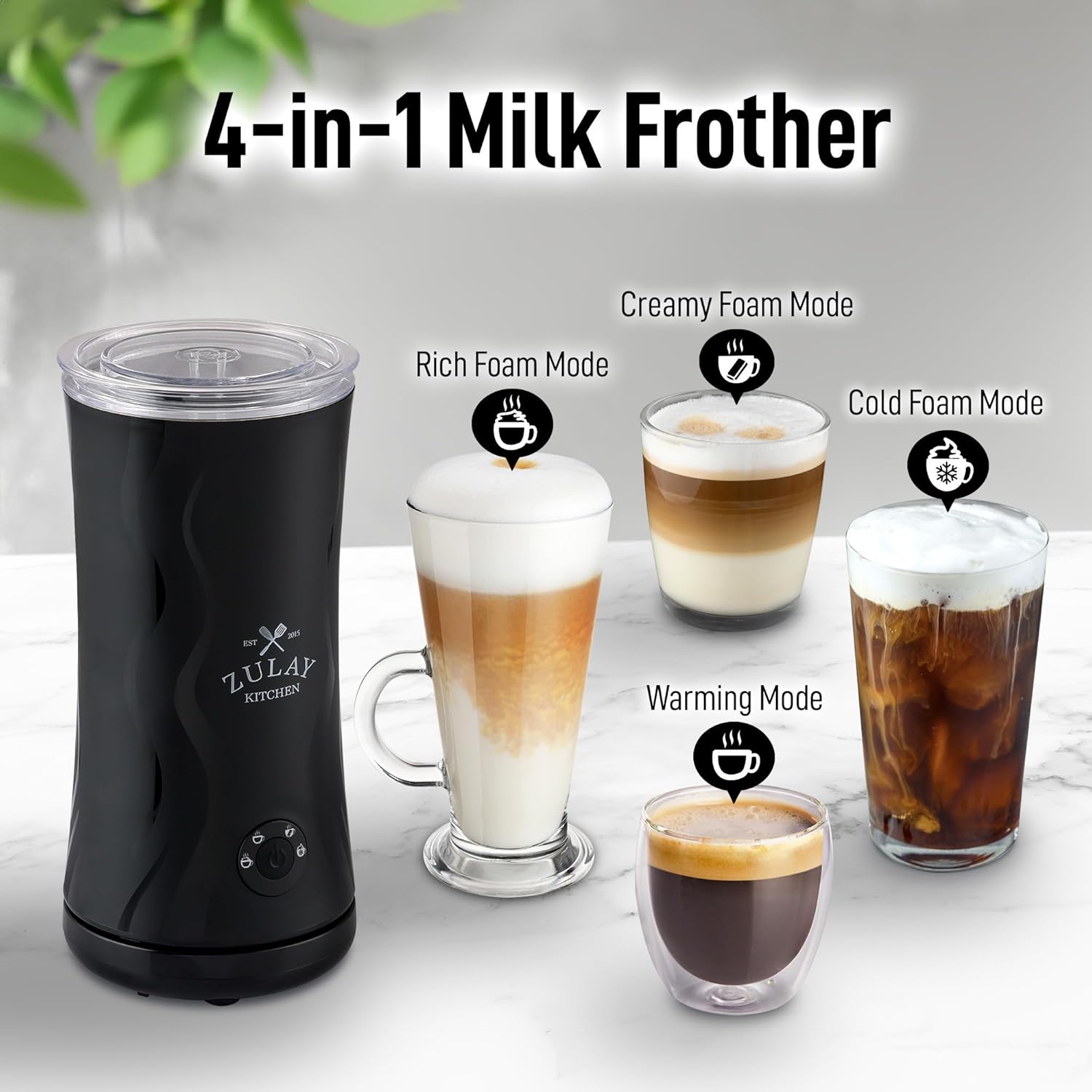Zulay 4-in-1 Milk Frother & Steamer - Automatic Hot/Cold Foam Maker with Temperature Control - Black