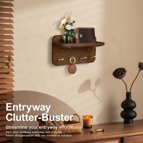 LEIRUOTM Key Holder Wall Mount, Solid Wood Key Holder for Wall with 4 Brass Hooks & Hidden Magnets, 15° Incline Hooks & Grooved Design to Prevent Slipping, Vintage Brown Key Hanger