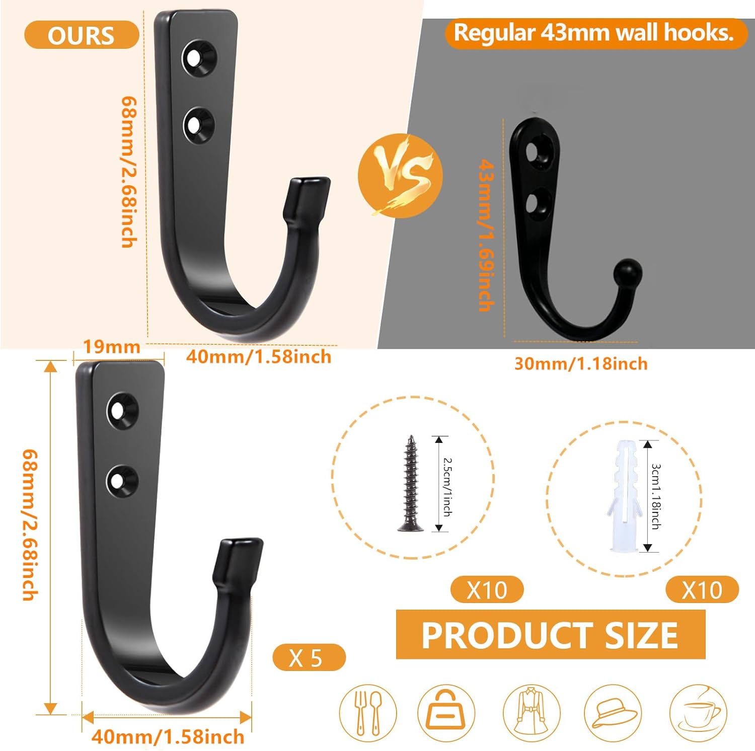 WODEGIFT Heavy Duty Wall Hooks - 5 Large Coat Hooks for Pans, Backpacks & Garage Items | Black