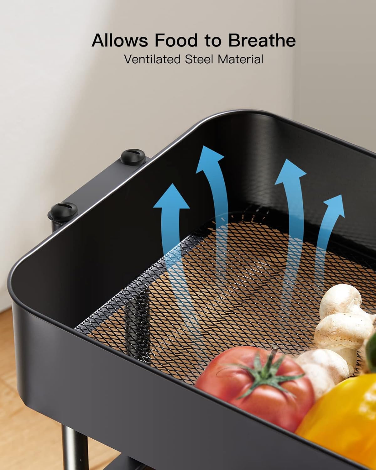 Pipishell 3-Tier Metal Rolling Utility Cart - Heavy-Duty Storage with Lockable Wheels | Black Mesh Design