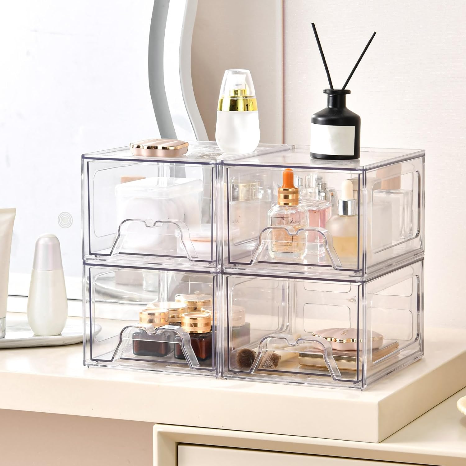 Stebopum Stackable Makeup Organizer - 6 Pack Clear Acrylic Storage Bins with Pull-Out Handle | 4.4'' Tall for Vanity & Bathroom