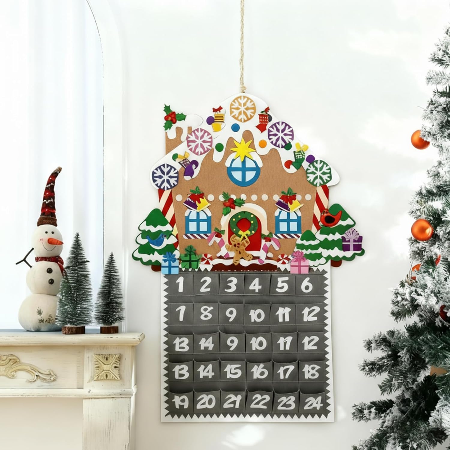Watersay Christmas Gingerbread House Advent Calendar - 2ft Felt Countdown with 24 Pockets for Kids & Toddlers