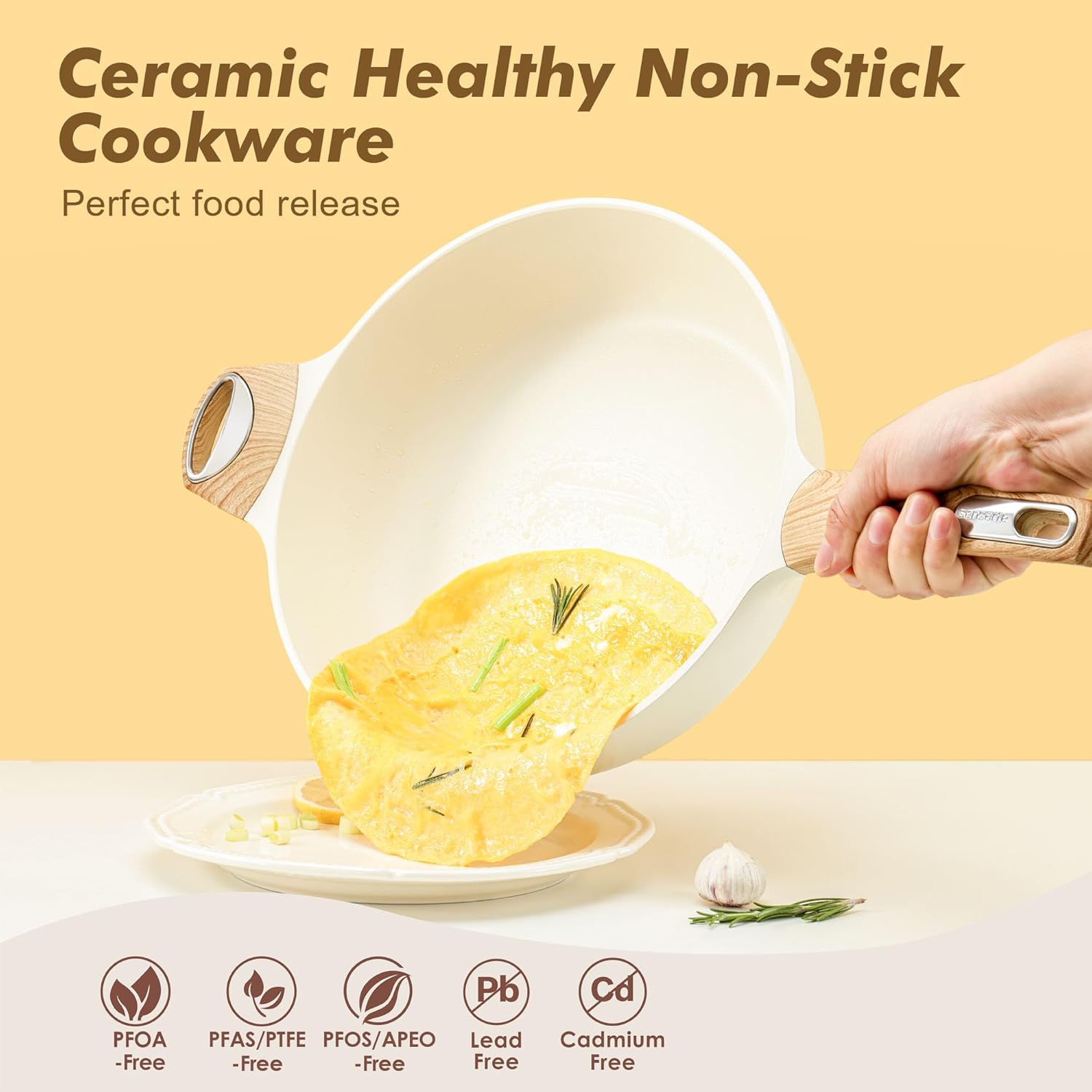 SENSARTE 12-Inch Ceramic Nonstick Frying Pan - Healthy, PFOA-Free Skillet with Lid & Helper Handle