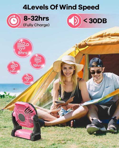 Art In Real 30000mAh Rechargeable Camping Fan with LED Lantern,Portable Battery Powered Outdoor Fan for Bedroom,Camping,Travel,Hiking,Beach,Office,Trave Accessories(Pink)