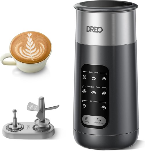DREO Electric Milk Frother - 8-in-1 Stainless Steel for Latte Art & Coffee | 9oz Warm & Cold Foam