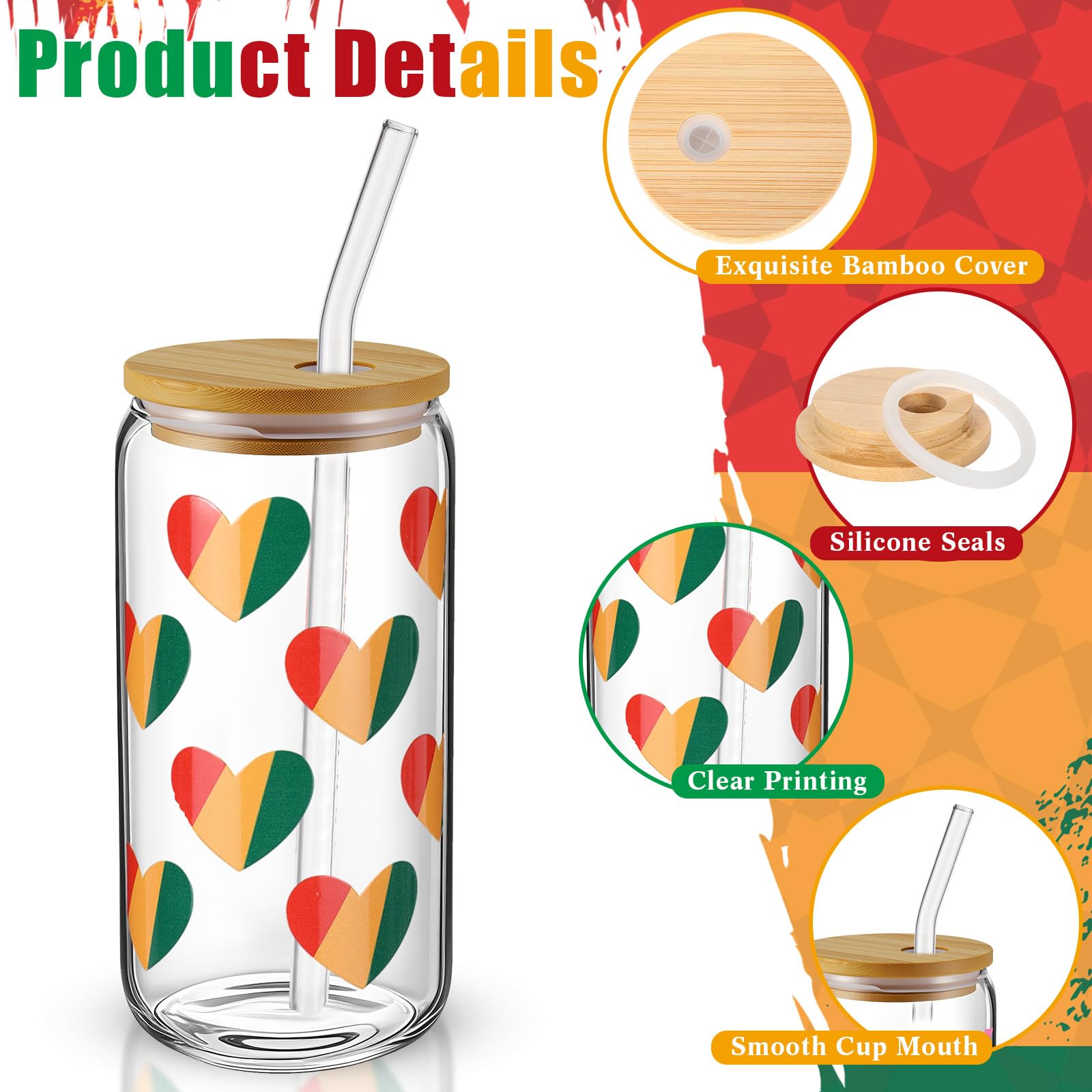 Acellegic 6 Pcs Black History Month Gifts Cups Glass Tumbler with Lids and Straws 16oz African American Bulk Party Favors Reusable Can Shaped Drinking Glasses for Juneteenth Party Supplies
