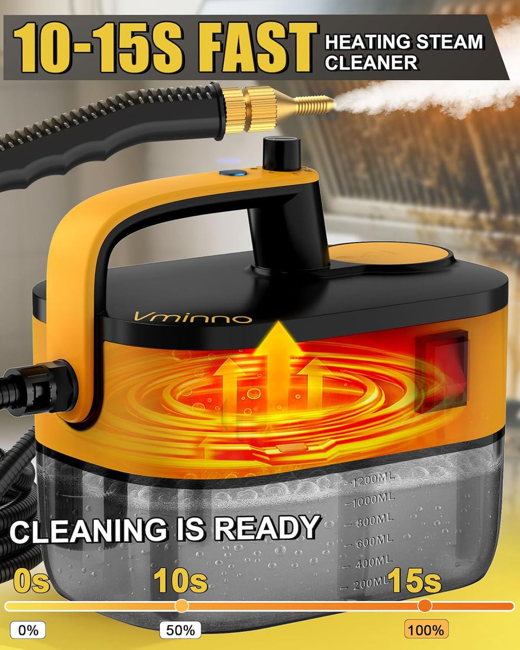 Skiennix Heavy Duty Steam Cleaner - Fast Heating 1.2L Tank | 6-Level Adjustable Portable Steamer with 11 Accessories for Home, Car, Tile, and Grout Cleaning (Yellow)