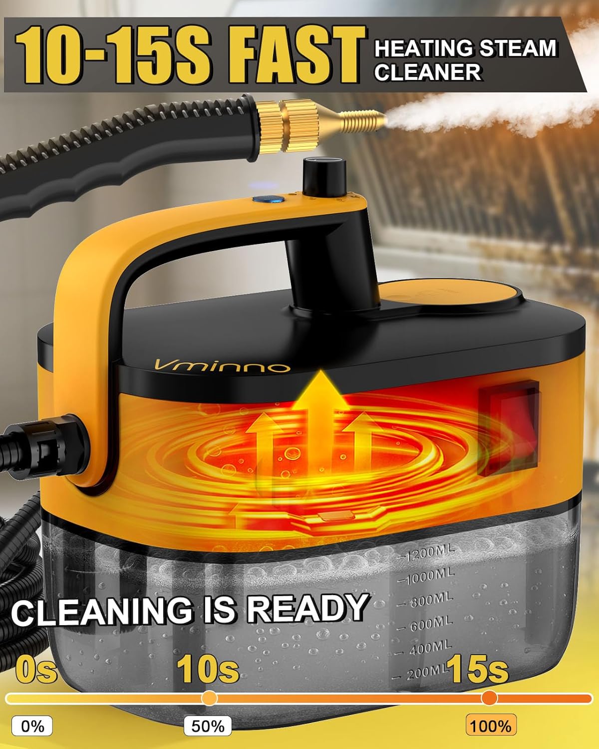 Skiennix Heavy Duty Steam Cleaner - Fast Heating 1.2L Tank | 6-Level Adjustable Portable Steamer with 11 Accessories for Home, Car, Tile, and Grout Cleaning (Yellow)