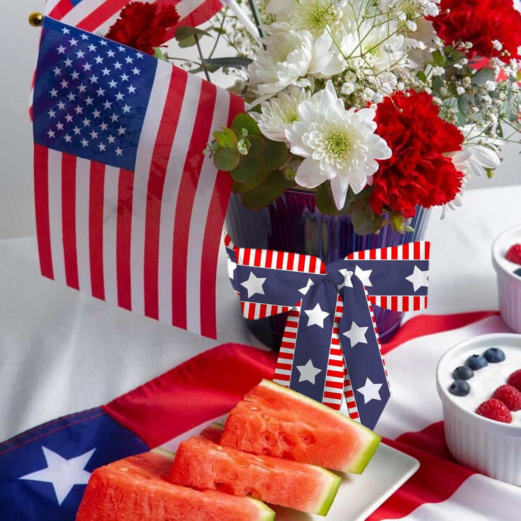 Patriotic 4th of July Wreath Sash by [Brand Name] - 4.5" x 56" Red & Blue Satin Ribbon with Stars & Stripes