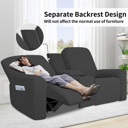 Easy-Going 1 Piece Stretch Reclining Loveseat with Middle Console Slipcover, 2 Seater Loveseat Recliner Cover with Holder and Storage, Recliner Couch Sofa Cover, Furniture Protector Dark Gray