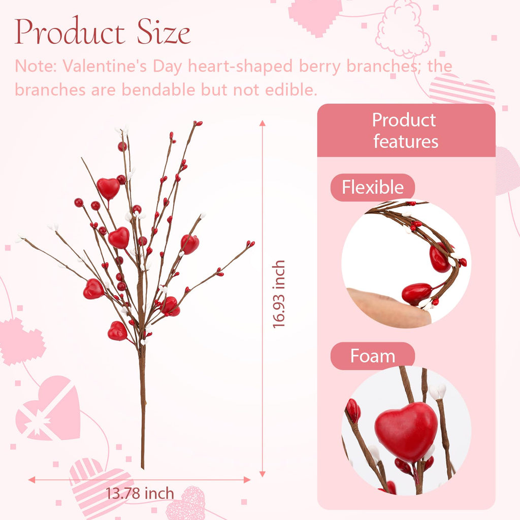 Wootkey 4Pcs Artificial Mother's Gift Decorations Red Heart Berry Stems Heart Shaped Berry Gifts Flowers for Wedding Anniversary Party Supplies Decor