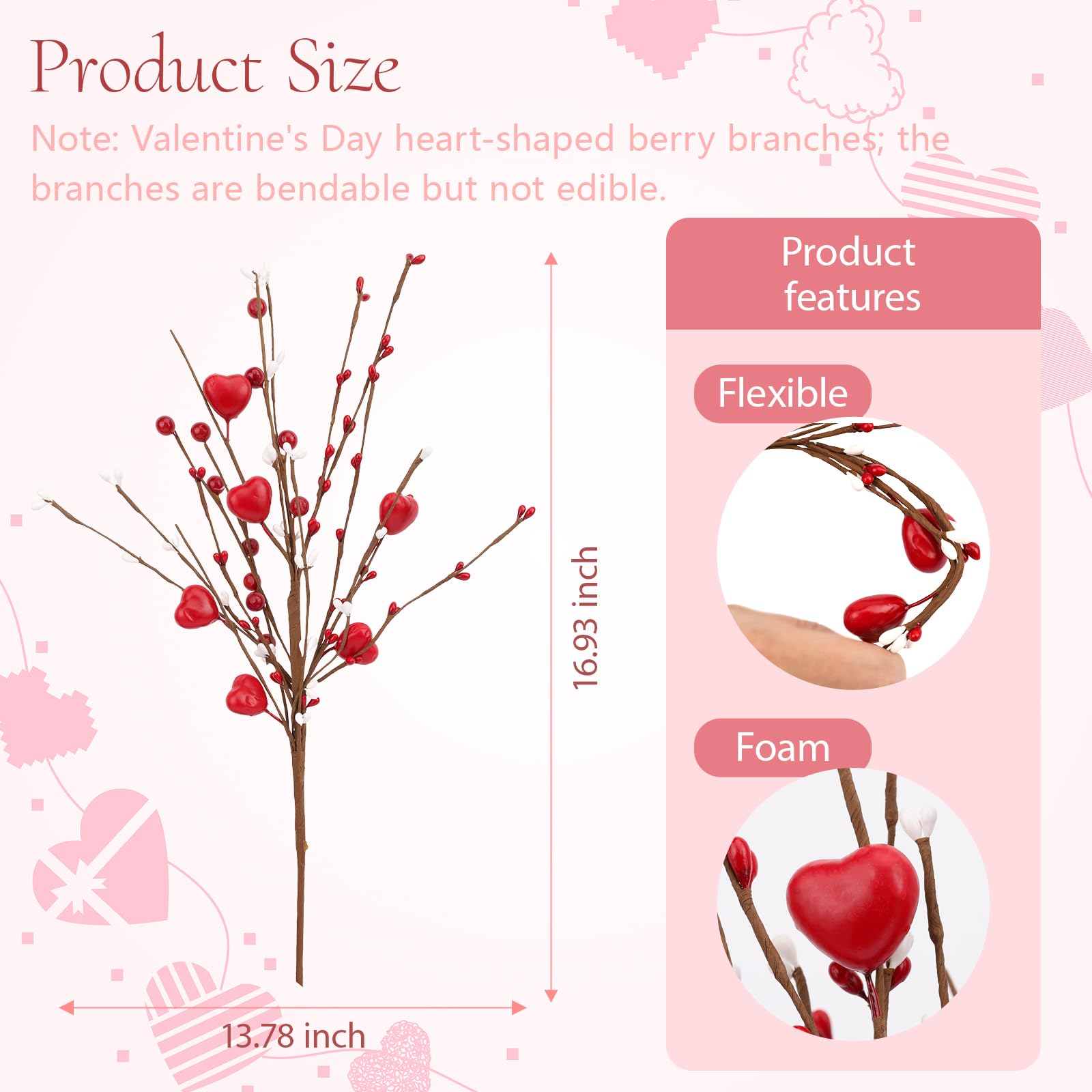 Wootkey 4Pcs Artificial Mother's Gift Decorations Red Heart Berry Stems Heart Shaped Berry Gifts Flowers for Wedding Anniversary Party Supplies Decor