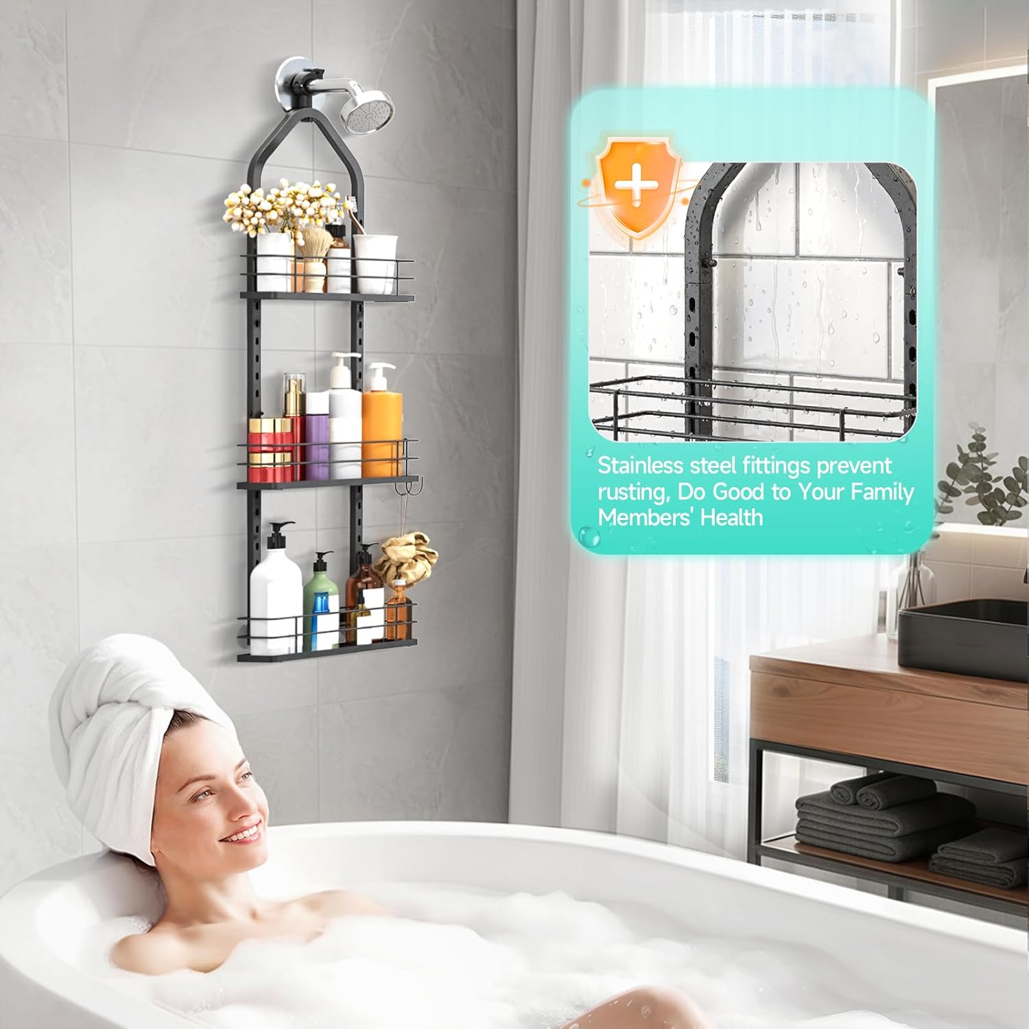 Skiennix Shower Caddy - Adjustable 3-Tier Bathroom Organizer with Anti-Swing Design | Easy Storage Solution