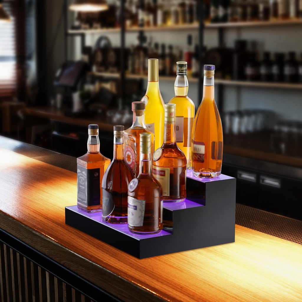 VEVOR LED Lighted Liquor Bottle Display, 3 Tiers 16 Inch Commercial Illuminated Home Bar Shelf, 3 Steps Whiskey Rack Stand, Acrylic Drink Shelves with RF Remote & App Control, and Multicolor Light