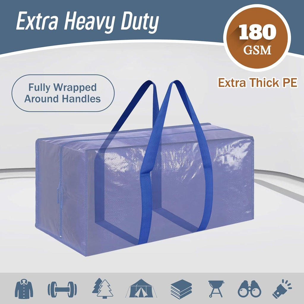Skiennix Extra Heavy Duty Moving Bags - Large Sturdy Storage Totes with Strong Zipper & Comfortable Handles | 6 Pack, Blue