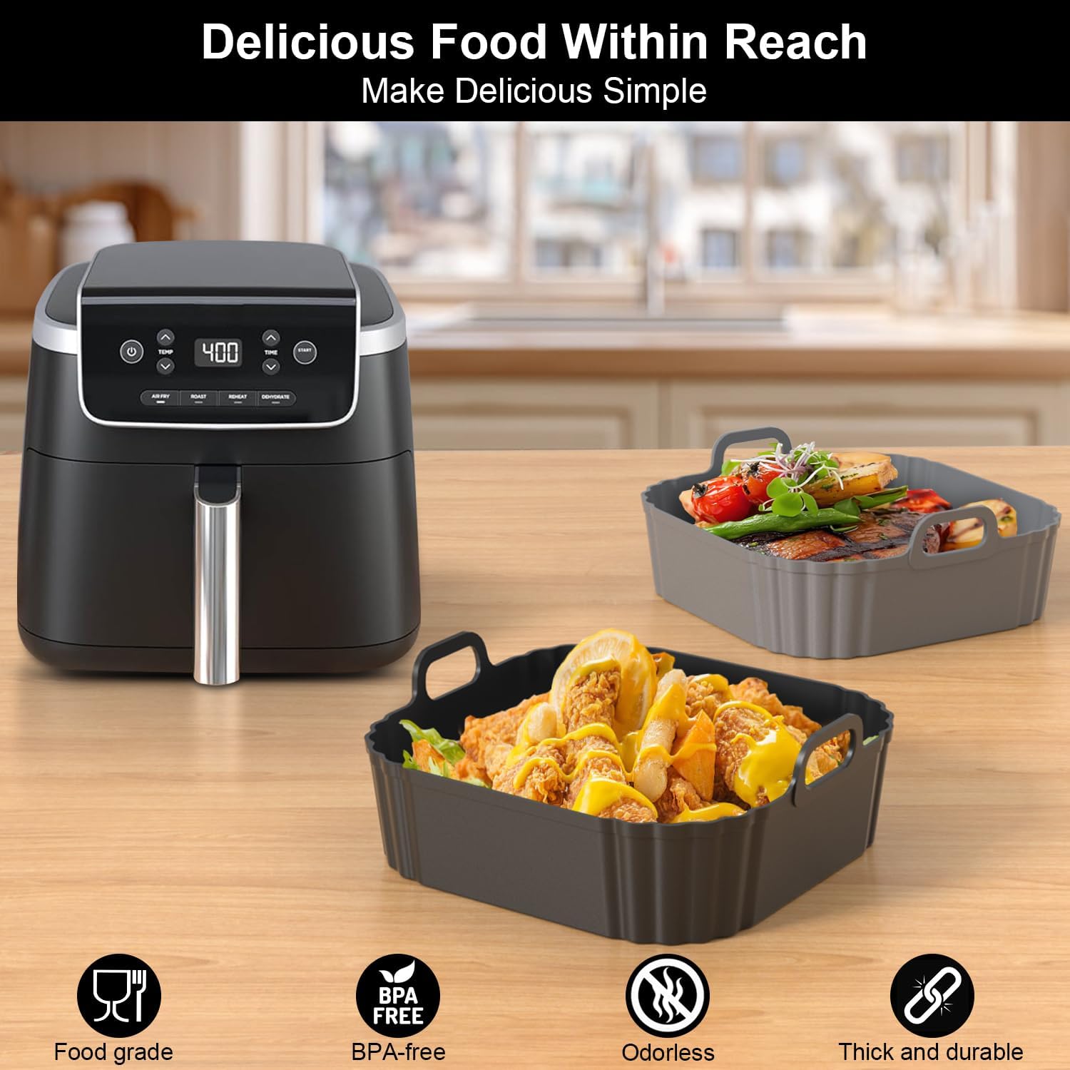 Skiennix 8.5 Inch Square Silicone Air Fryer Liners - Reusable Basket Liners for Ninja & More | 2 Pack