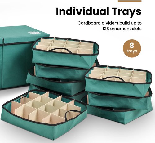 Holiday Cheer Premium Christmas Ornament Storage - 8 Tray Container with Dividers for 128 Ornaments