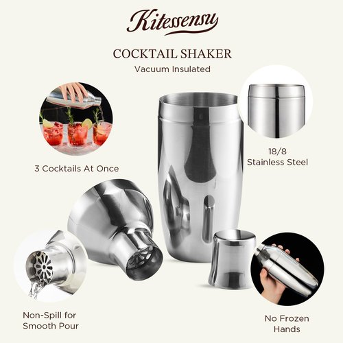 KITESSENSU Cocktail Shaker Set with Carry Case: Vacuum Insulated Martini Shaker with Built-in Strainer, 2 Martini Glasses, Measuring Jigger, Bar Mixing Spoon & Cocktail Recipes, Travel Bar Tool Set