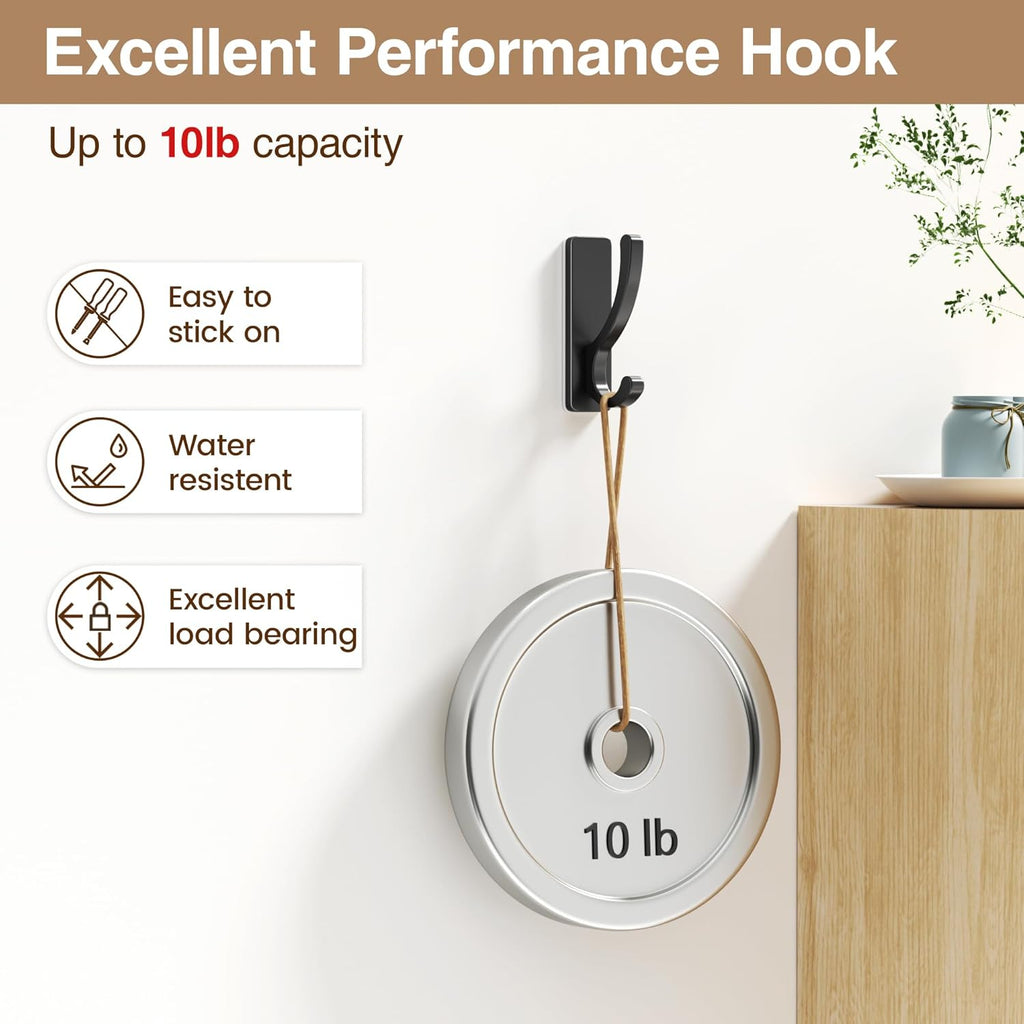 Pickpiff Adhesive Wall Hooks - Heavy Duty Sticky Hooks for Towels & Coats | No Damage, Black 4 Pack