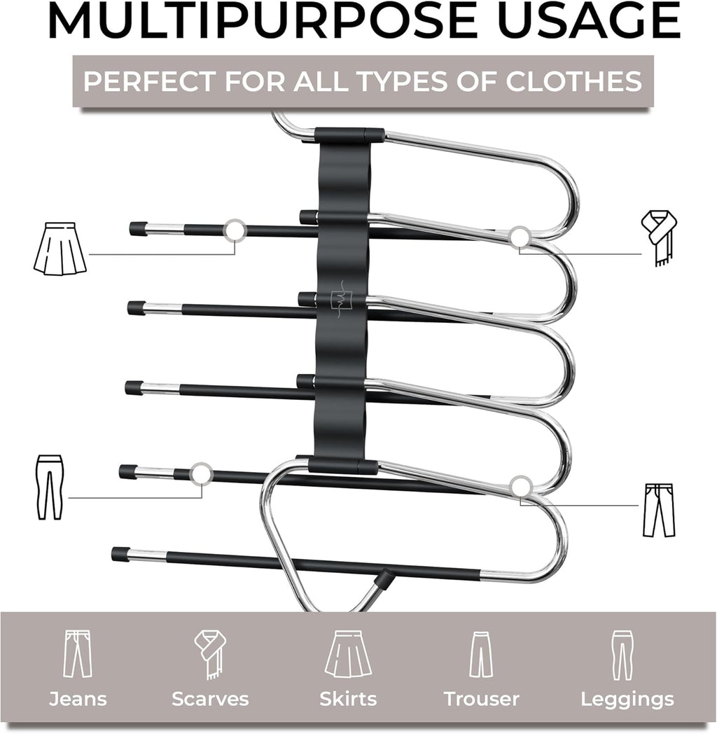MORALVE Pants Hangers - Space-Saving Non-Slip Multi-Layer Closet Rack - 4 Pack for Jeans, Trousers & Skirts (Black)