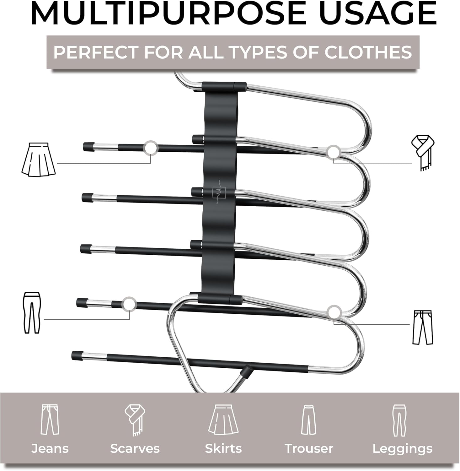 MORALVE Pants Hangers - Space-Saving Non-Slip Multi-Layer Closet Rack - 4 Pack for Jeans, Trousers & Skirts (Black)