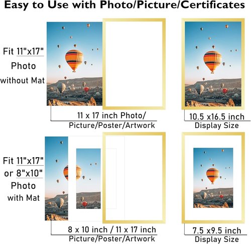 JCJMY 11x17 Picture Frame - Elegant Gold Design with 8x10 Mat | Shatter-Resistant Plexiglass