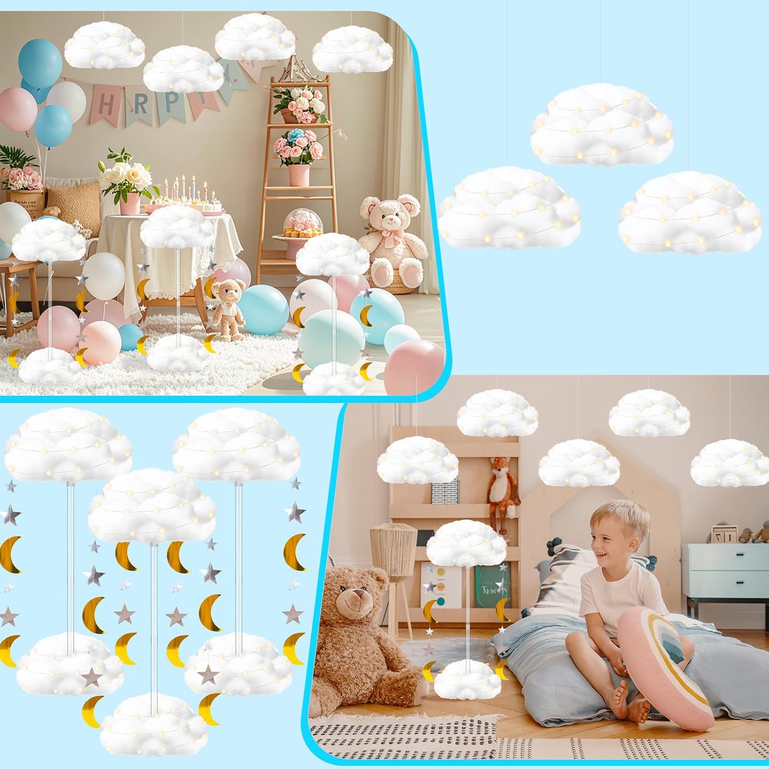 Skiennix 3D Fluffy Cloud LED Light Kit - Hanging & Table Centerpiece Decor for Baby Showers, Nurseries & Parties