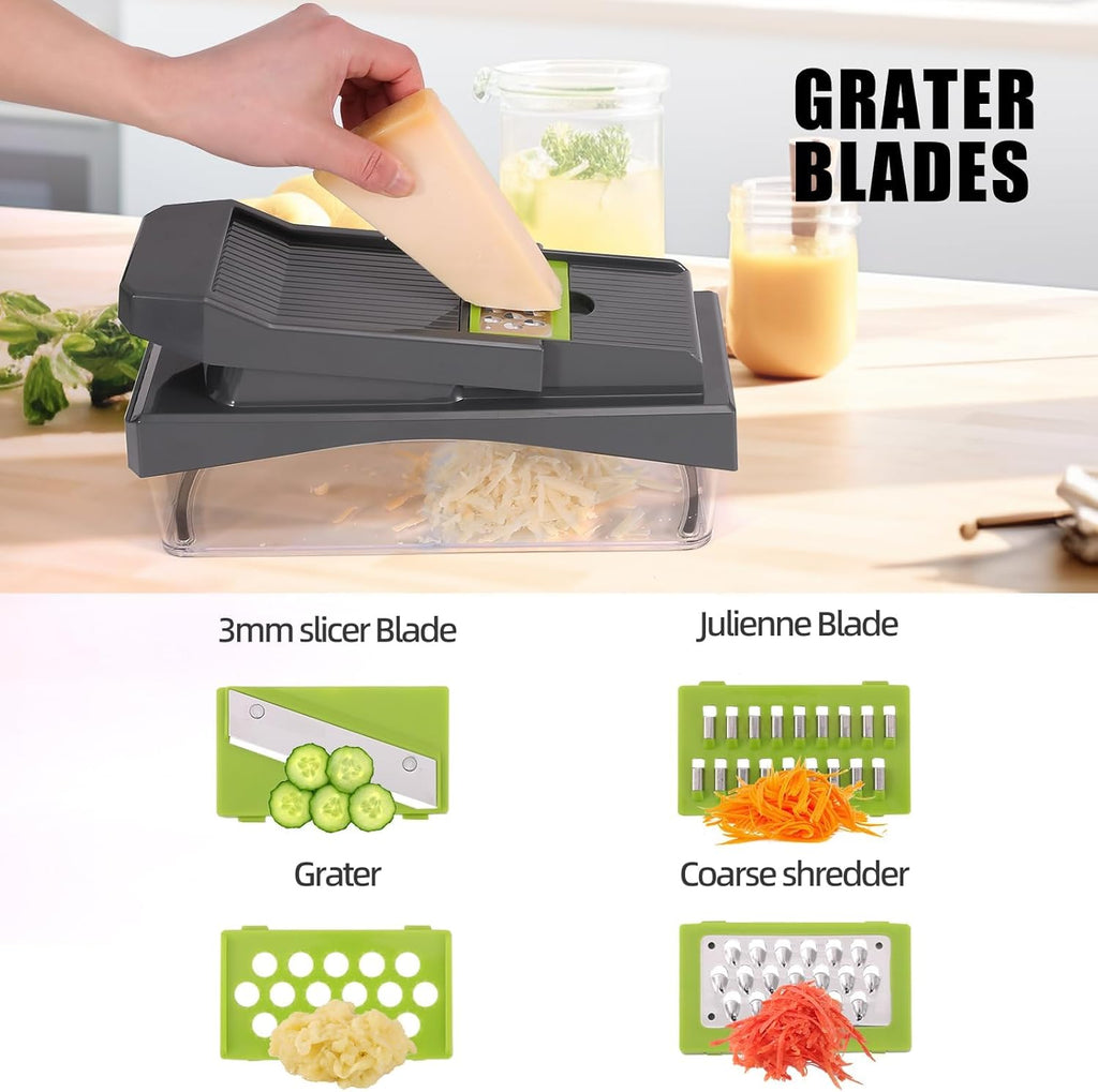 RüK 10-in-1 Vegetable Chopper - Versatile 6 Blade Food Dicer & Grater with Container | Gray Kitchen Essential