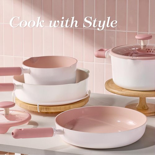 CAROTE 11 Inch Nonstick Deep Frying Pan with Lid, 5 Qt Chef Saute Pan with Pour Spout, Skillet Induction Cookware, Non Stick Cooking Pan Kitchen Pan, Healthy & PFOA/PFAS Free, Includes Spatula, Pink
