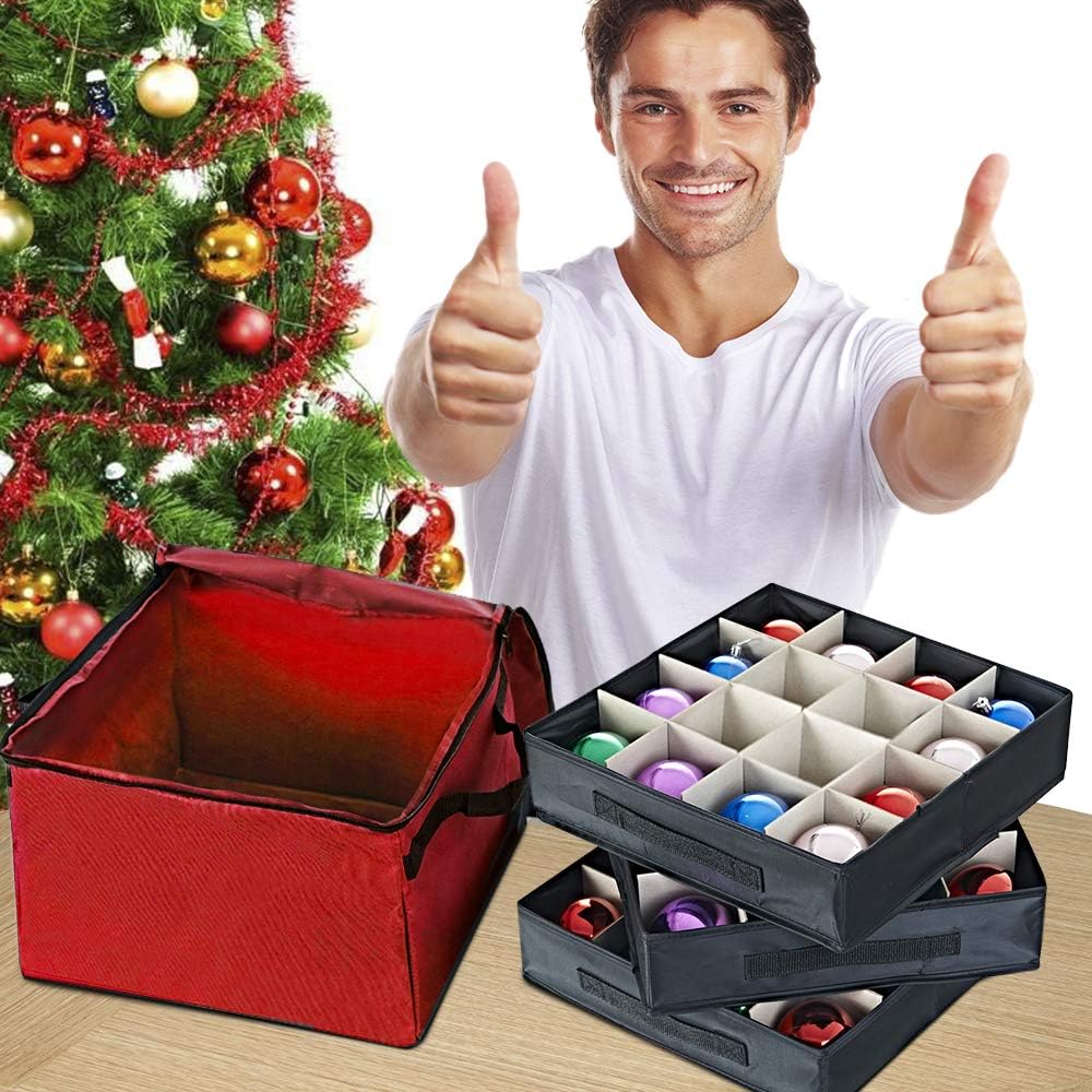 ProPik Christmas Ornament Storage Box - Organizes Up to 48 Ornaments with 3 Removable Trays | Red