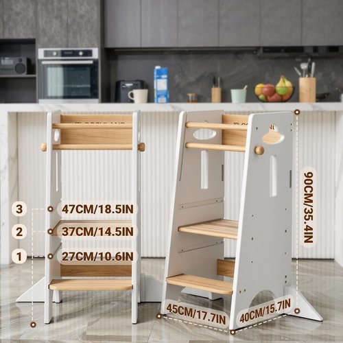 COSYLAND Toddler Standing Tower Adjustable Height (NO Wide Back Panel) - Super Stable Toddler Kitchen Stool Helper - 3 Levels Adjustable Wooden Kids Kitchen Stool (Natural & White)
