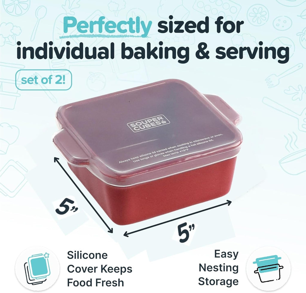 Souper Cubes Stoneware Baking Dishes - Premium 5" x 5" Mini Ceramic Set of 2 with Silicone Covers - Cranberry