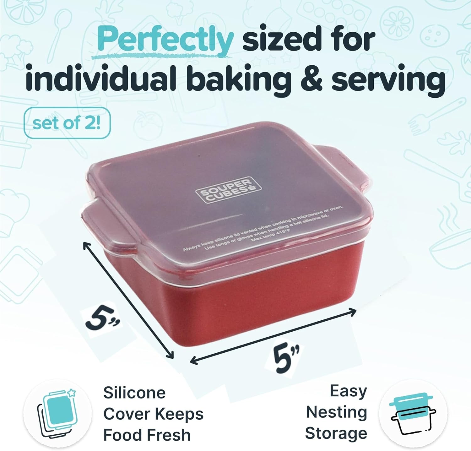 Souper Cubes Stoneware Baking Dishes - Premium 5" x 5" Mini Ceramic Set of 2 with Silicone Covers - Cranberry